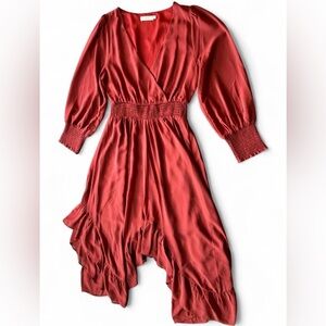 Lush Rust Red Maxi Dress Size Small Smocked Cuffs Ruffle Hem Long Sleeve EUC